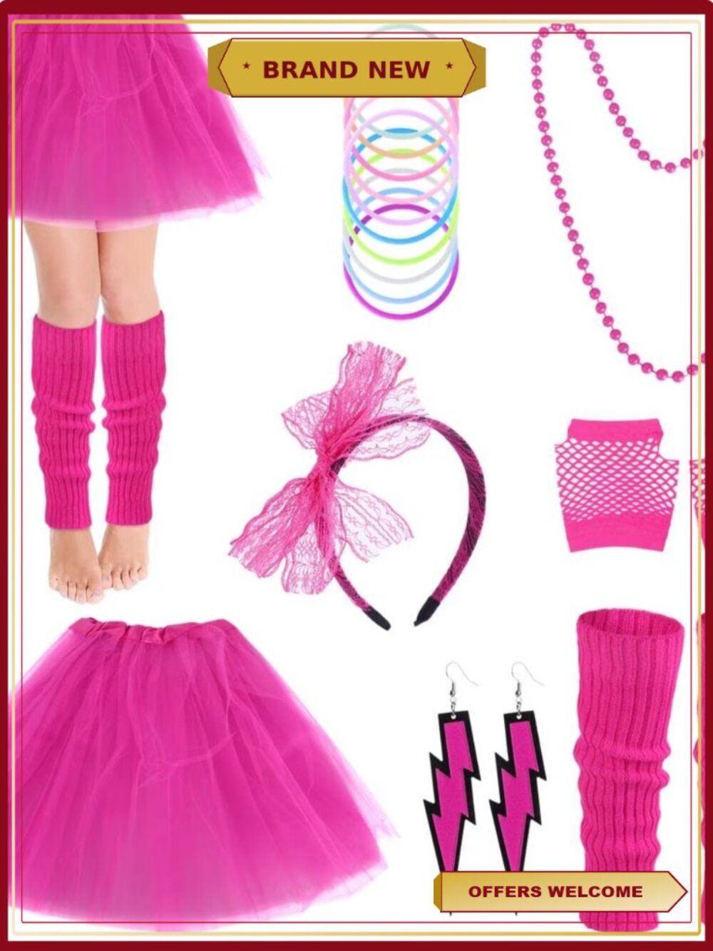 80s Fancy Dress Women's Neon Costume Rose Red Tulle Skirt with Accessories